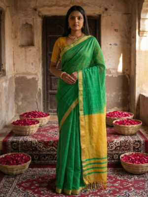 Classic Green Cotton Plain Saree with Zari Border & Matching Blouse
