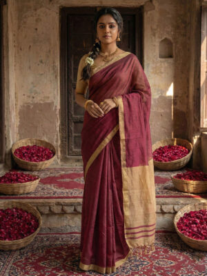 Elegant Wine Cotton Plain Saree with Zari Border & Matching Blouse
