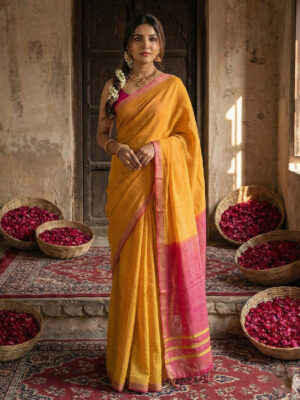 Traditional Gold Soft Cotton Saree with Zari Border and Matching Blouse Piece