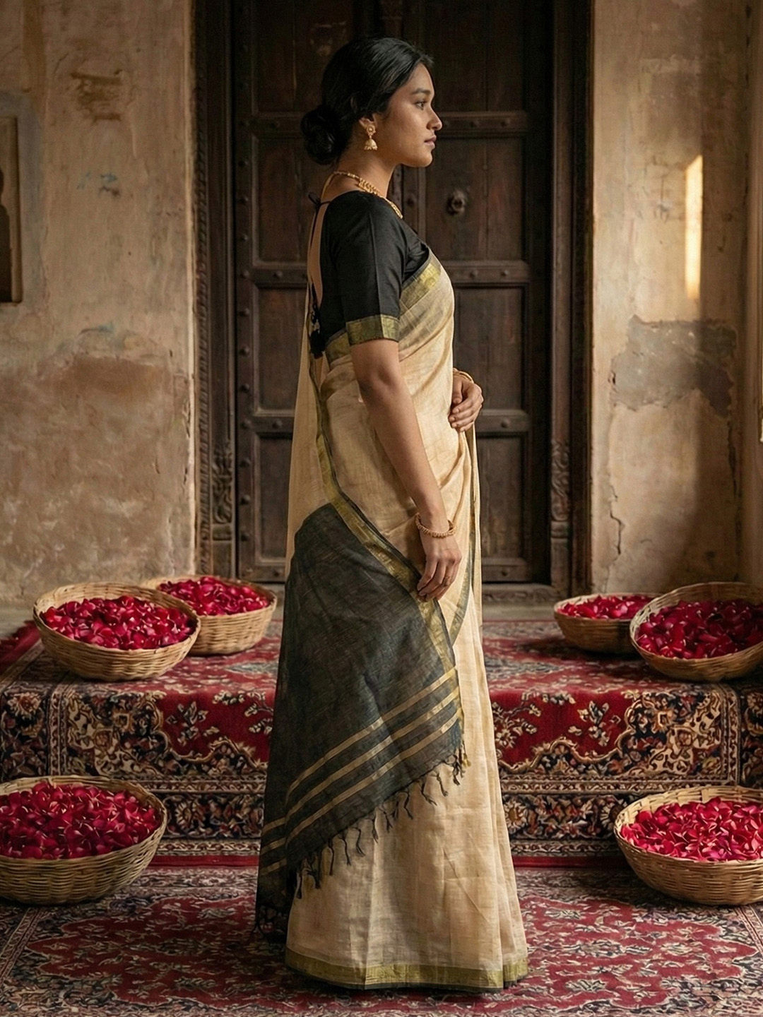 Elegant Beige Cotton Saree with Zari Border for Women - Image 3