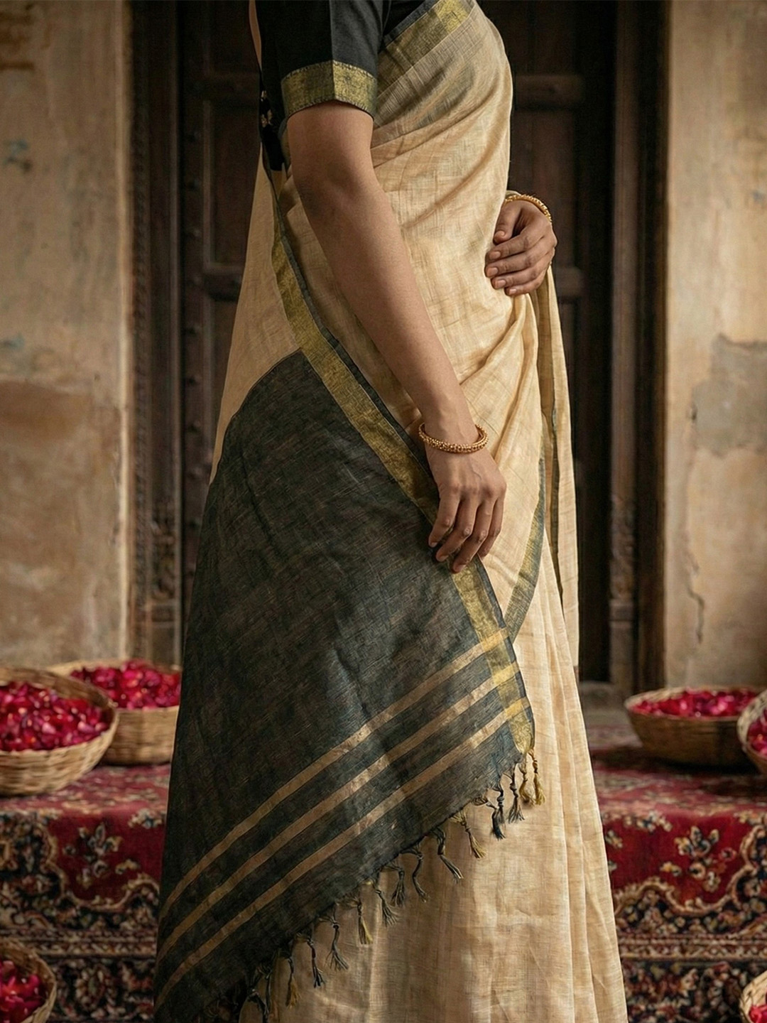 Elegant Beige Cotton Saree with Zari Border for Women - Image 2