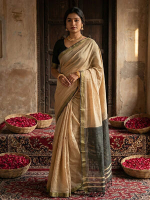 Elegant Beige Cotton Saree with Zari Border for Women
