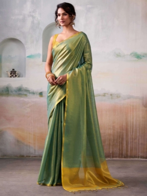 Light Green Tissue Silk Partywear Handloom Plain Saree For Women