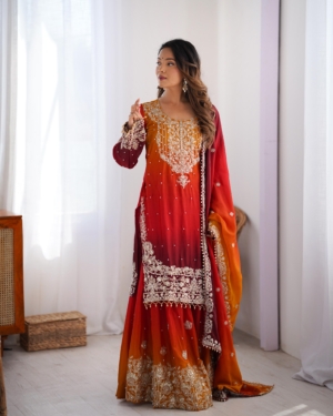 Elegant Heavy Chinnon Designer Suit With Sharara & Dupatta For Marriage