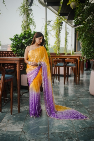 Elegant Fendy Yellow Purple Satin Saree with Sequence & Cut dana Handwork