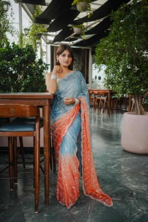 Premium Light Blue Sequins And Embroidery Fendy Satin Saree for Festival
