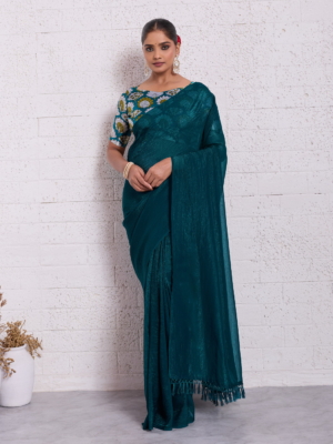 Elegant Teal Solid Pure Crunchy Fabric Saree with Tassels Pallu