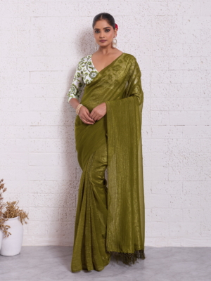 Trendy Pure Crunchy Fabric Green Saree with Tassels Pallu