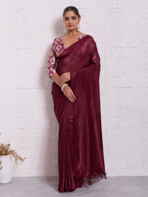 Traditional Dark Maroon Pure Crunchy Fabric Saree with Tassels Pallu & Blouse
