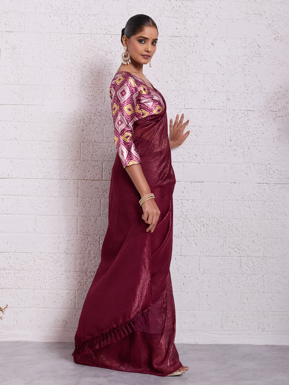 Traditional Dark Maroon Pure Crunchy Fabric Saree with Tassels Pallu & Blouse - Image 3