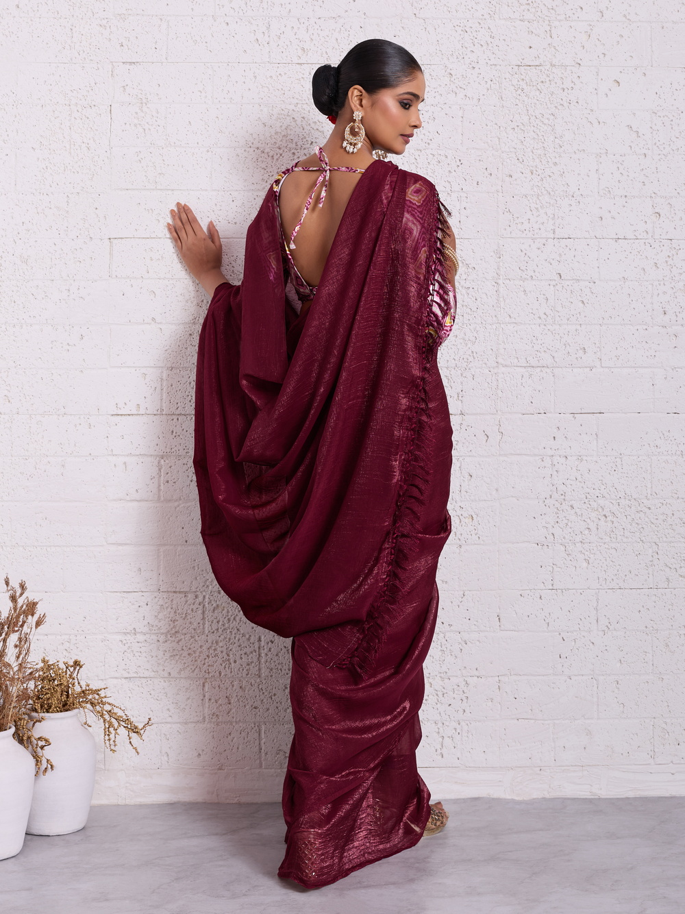 Traditional Dark Maroon Pure Crunchy Fabric Saree with Tassels Pallu & Blouse - Image 2