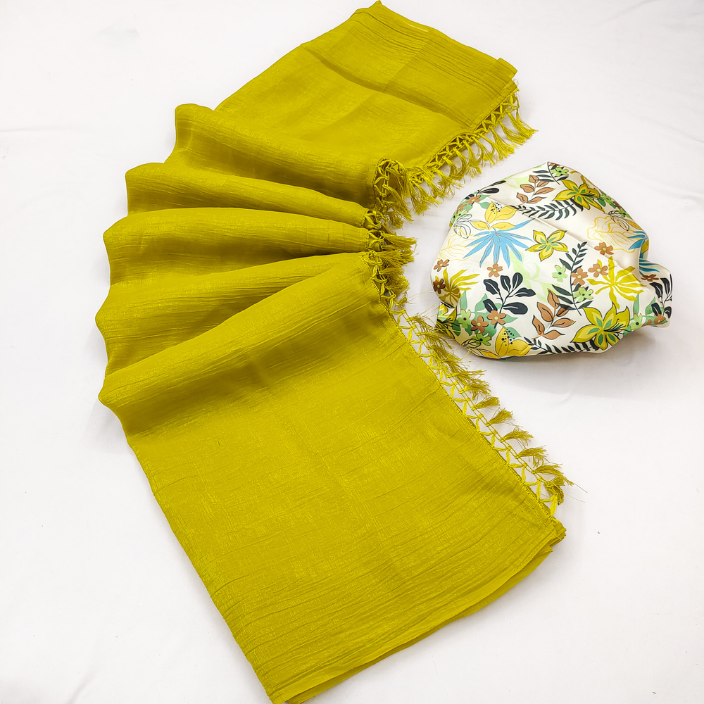 Stylish Pure Crunchy Fabric Saree with Tassels Pallu & Blouse - Image 4