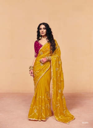 Designer Party Wear yellow Organza Saree with Embroidery & Sequins Work