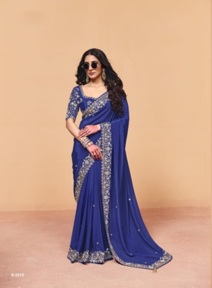 Elegant Blue Satin Silk Saree with Heavy Sequin Embroidery Work