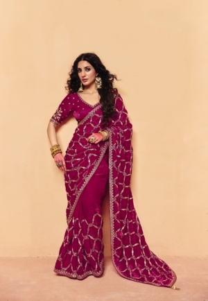 Trendy Rani Pink Fandy Fabric Saree with Heavy Sequin Embroidery & Fancy Blouse