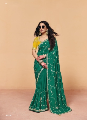 Elegant Green Satin Silk Saree with Heavy Sequin Embroidery & Contrast Blouse