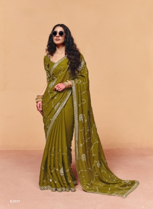Elegant Mehandi Green Organza Satin Saree with Heavy Sequin Embroidery Work