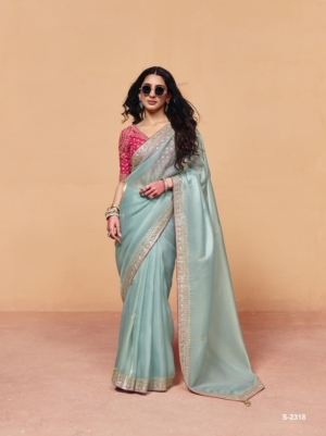Designer Party Wear Aqua Blue Organza Saree with Heavy Sequin Embroidery & Contrast Blouse
