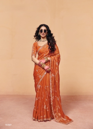 Orange Organza Satin Wedding & Party Wear Saree with Heavy Sequin Embroidery