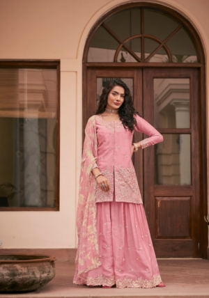 Pink Silk Palazzo Salwar Suit with Embroidered Work for Engagement