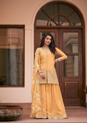 Stylish Yellow Silk Embroidered Work Readymade Palazzo Salwar Suit for Women
