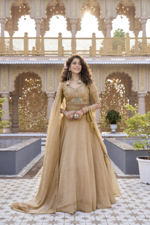 Cream Crunchy Silk Embroidered Sequins With Moti Work Lehenga Wedding Wear