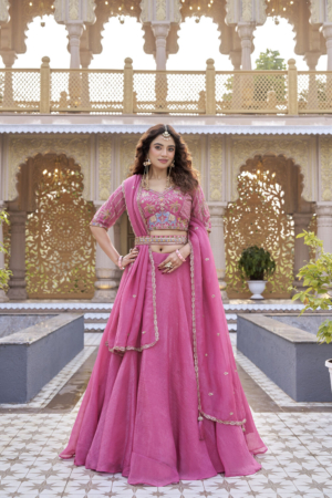 Pure Crunchy Bridal Lehenga Choli Set In Baby Pink Color with Dupatta For Engagement