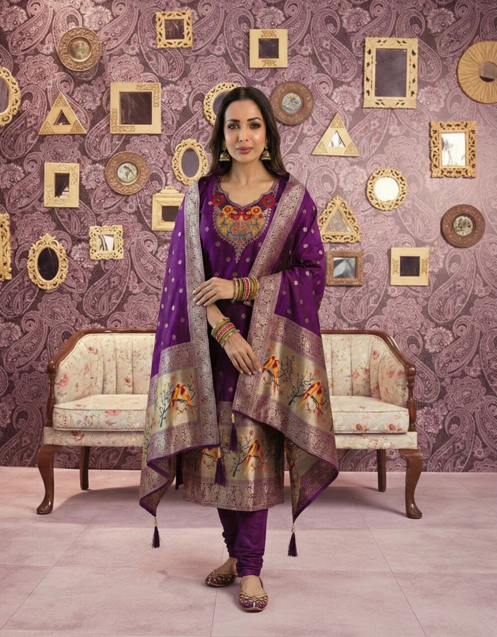 Designer Art Silk Jacquard Purple Readymade Suit Set with Round Neck Kurti - Image 3