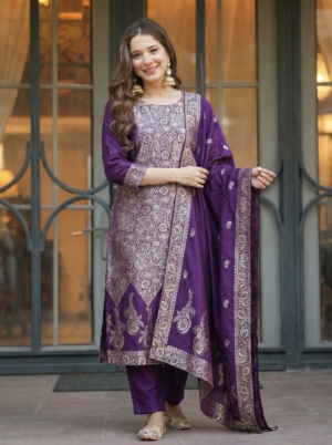 Traditional Art Silk Jacquard Purple Kurti Set with Matching Dupatta