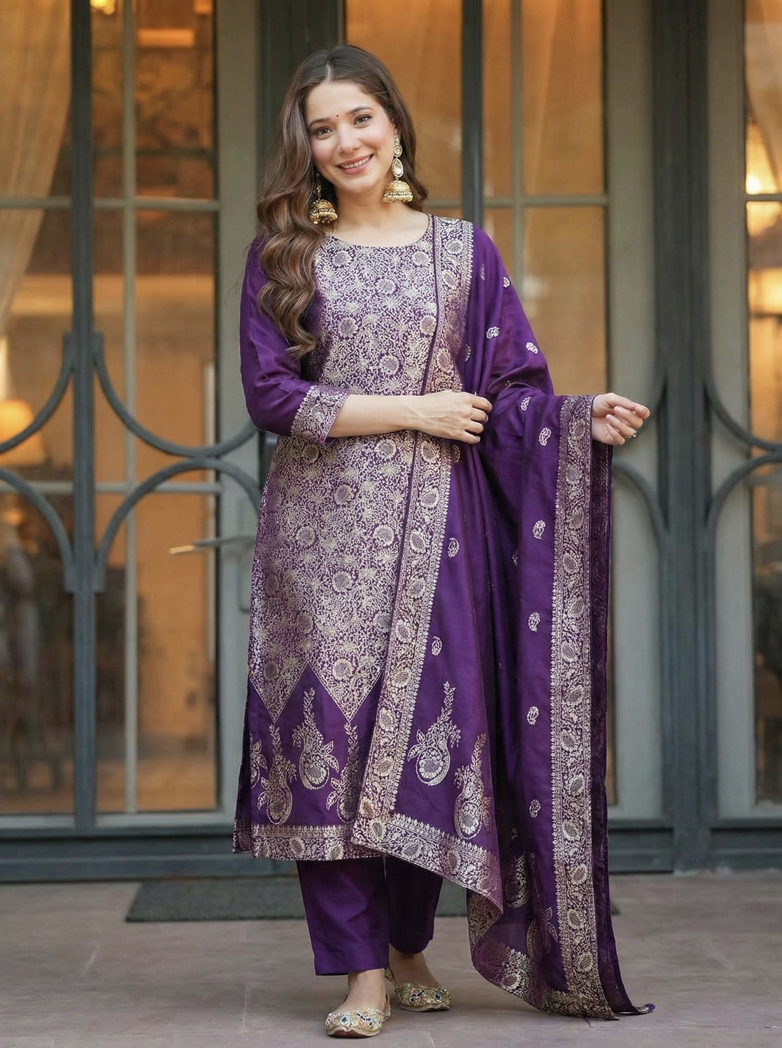 Traditional Art Silk Jacquard Purple Kurti Set with Matching Dupatta