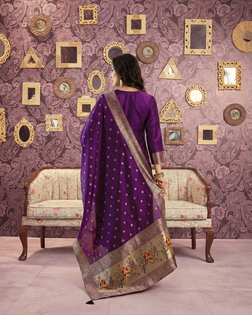 Designer Art Silk Jacquard Purple Readymade Suit Set with Round Neck Kurti