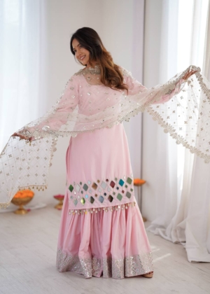 Ready To Wear Pink Festive Wear French Crepe Suit with Embroidered Sharara and Net Dupatta