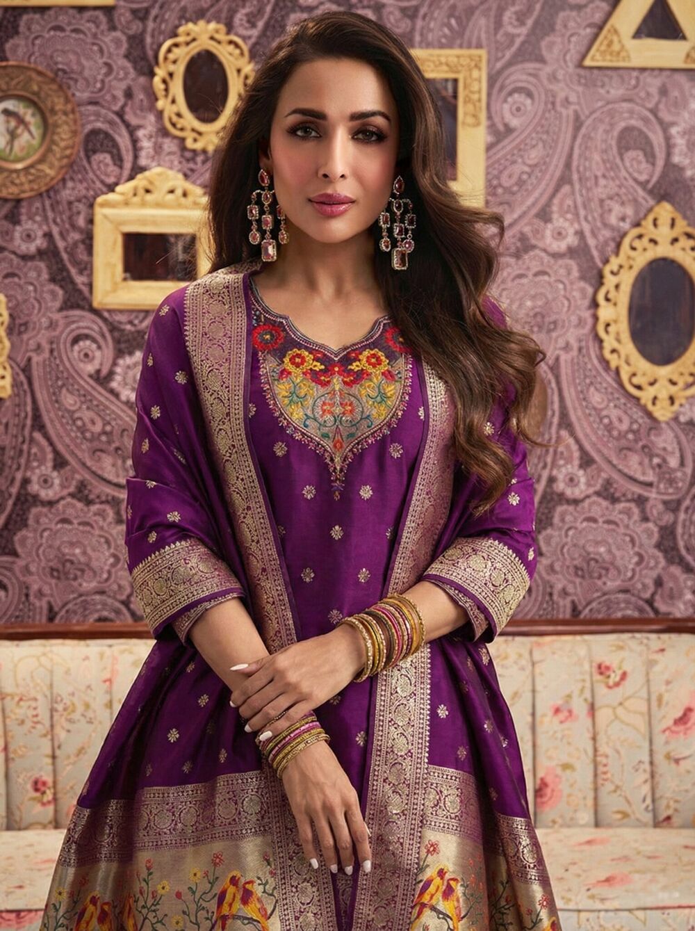 Designer Art Silk Jacquard Purple Readymade Suit Set with Round Neck Kurti - Image 2