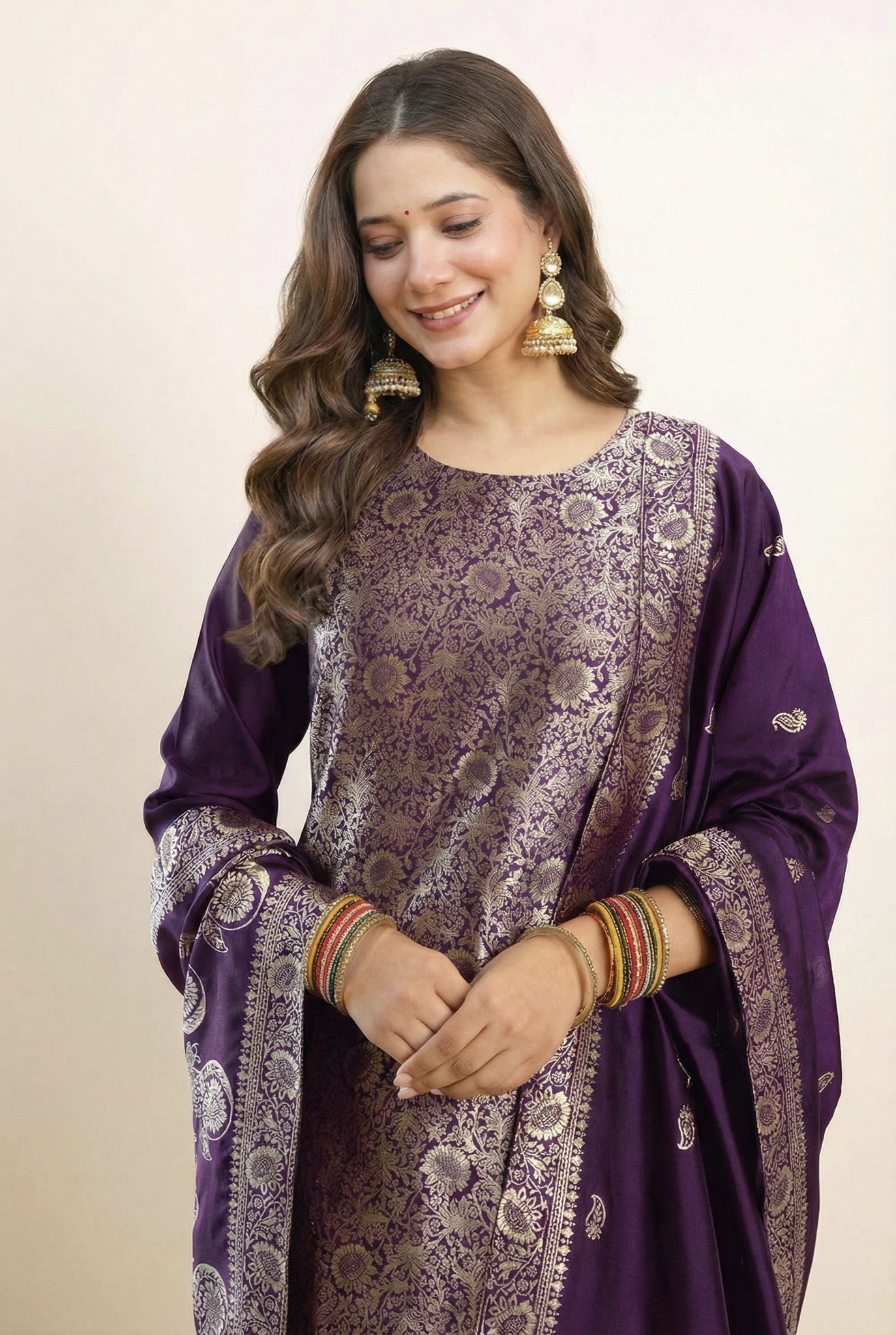Traditional Art Silk Jacquard Purple Kurti Set with Matching Dupatta - Image 2