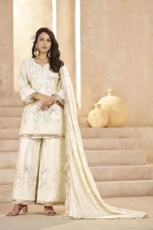 Designer Chinon Off White Ready To Wear Palazzo Suit with Dupatta & Sequins