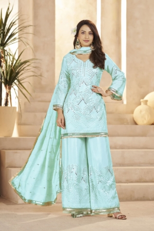 Elegant Chinon Sky Blue Palazzo Suit Set with Mirror Work & Sequins Embroidered