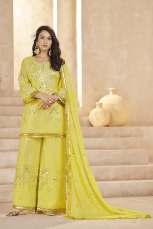 Women's Designer Chinon Palazzo Suit with Dupatta in Lemon Yellow