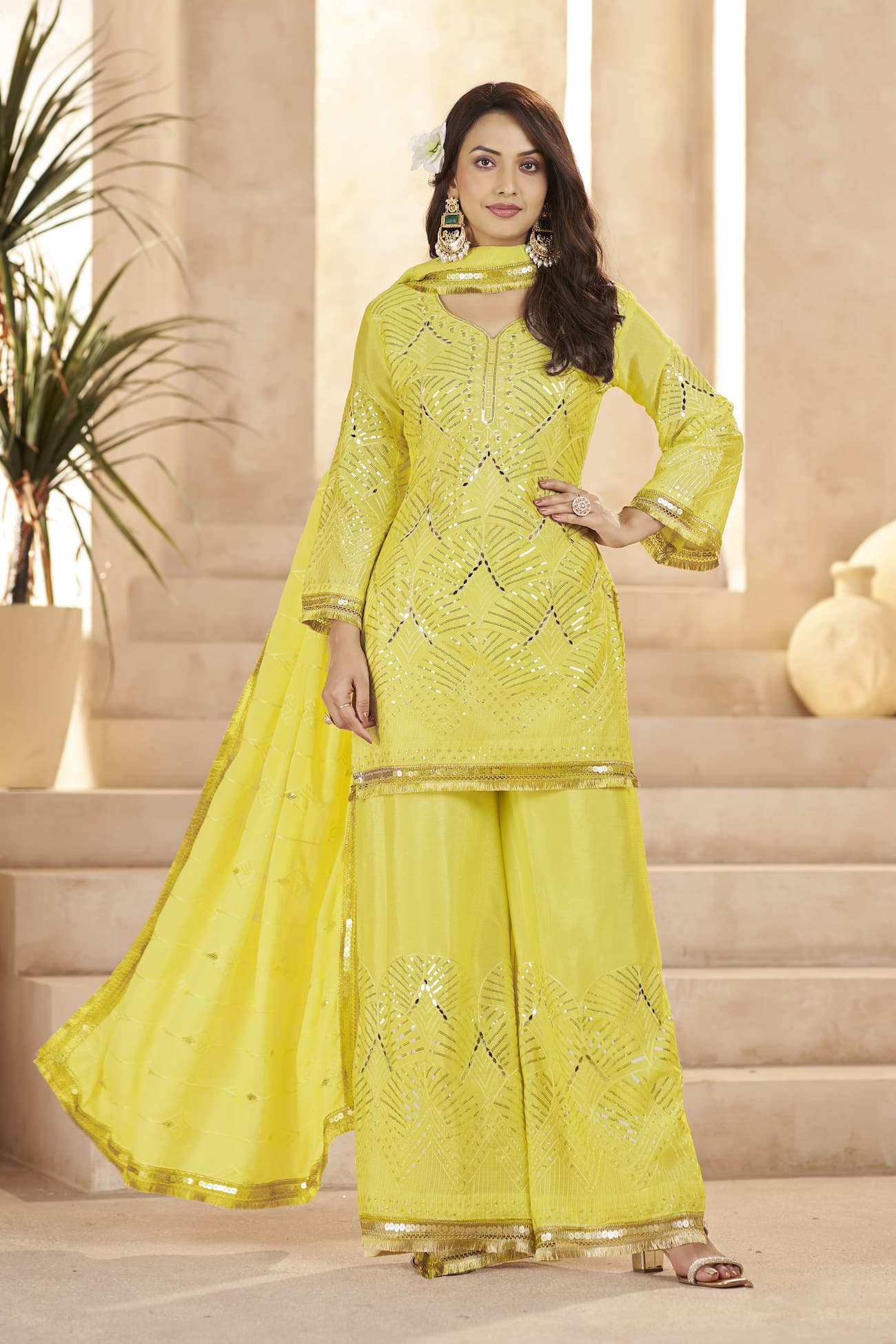 Women's Designer Chinon Palazzo Suit with Dupatta in Lemon Yellow - Image 2