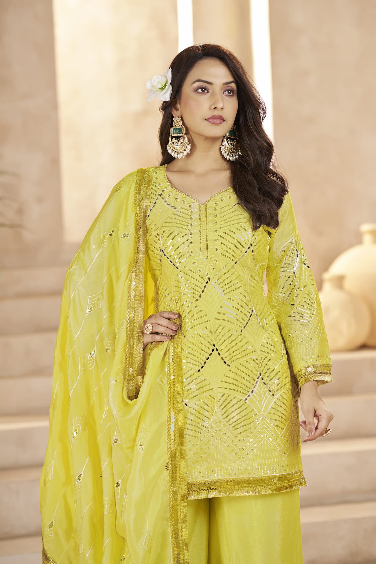 Women's Designer Chinon Palazzo Suit with Dupatta in Lemon Yellow - Image 3