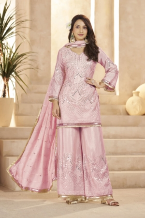 Premium Readymade Chinon Palazzo Suit with Dupatta In Rose Pink Color