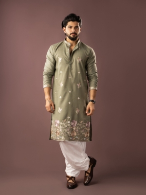 Men’s Linen Green Kurta Pajama Set with Embroidery For Festive & Party Wear