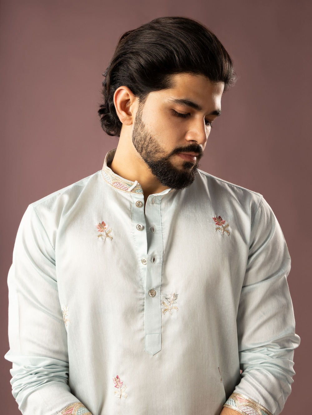 Designer Embroidered Ice Blue Linen Kurta Pajama for Marriage - Image 3