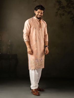 Stylish Linen Peach Color Kurta Pajama Set with Designer Embroidery Work