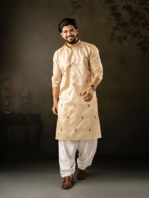 Men’s Festive Linen Beige Embroidered Kurta Pajama For Festival