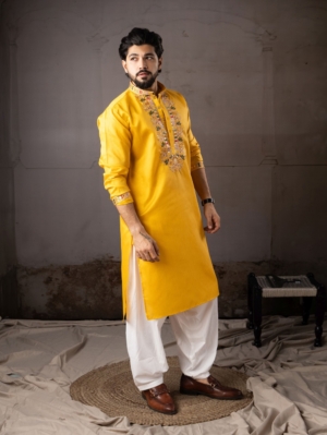 Attractive Yellow Linen Kurta Pajama Set for Men For Festival