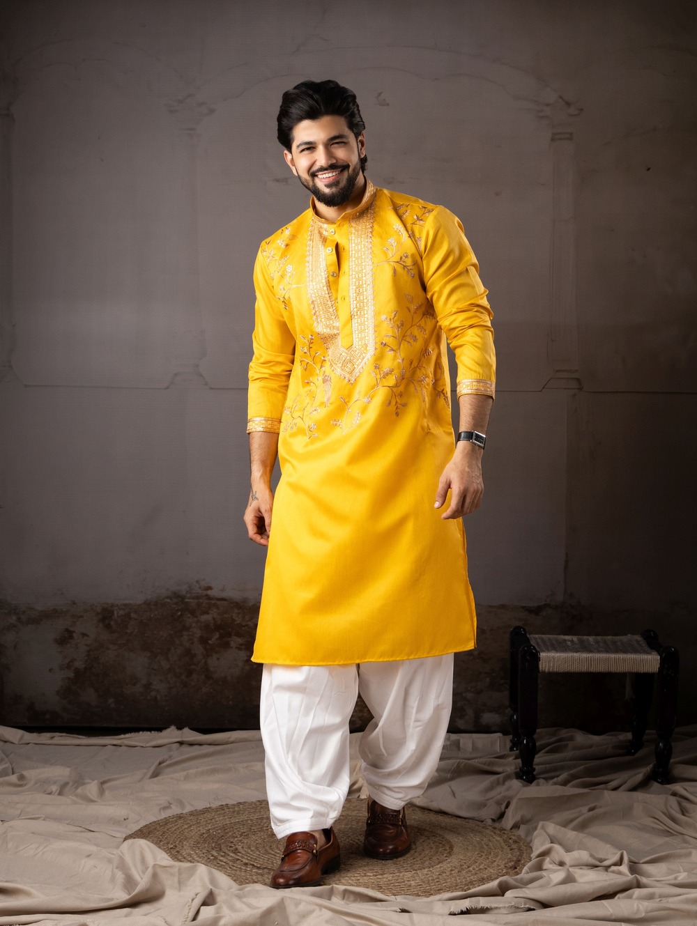 Readymade Linen Yellow Embroidered Kurta Pajama Set For Haldi