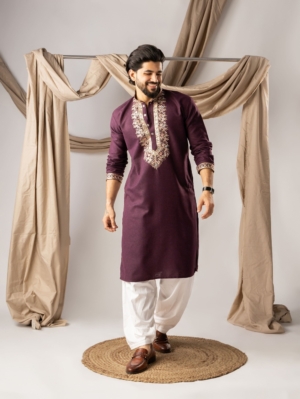 Designer Embroidered Wine Color Linen Kurta Pajama Set for Men