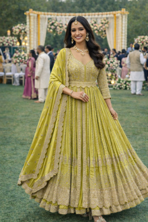 Elegant Chinon Green Color Readymade Free Size Anarkali Suit & Dupatta