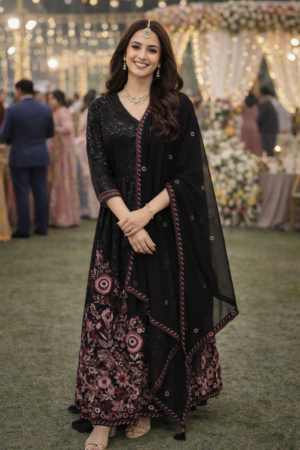 Heavy Embroidered Premium Chinon Fabric Black Anarkali Suit with Dupatta For Marriage