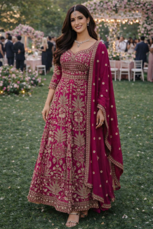 Women's Stylish Embroidered Chinon Pink Anarkali Ready To Wear Suit with Dupatta